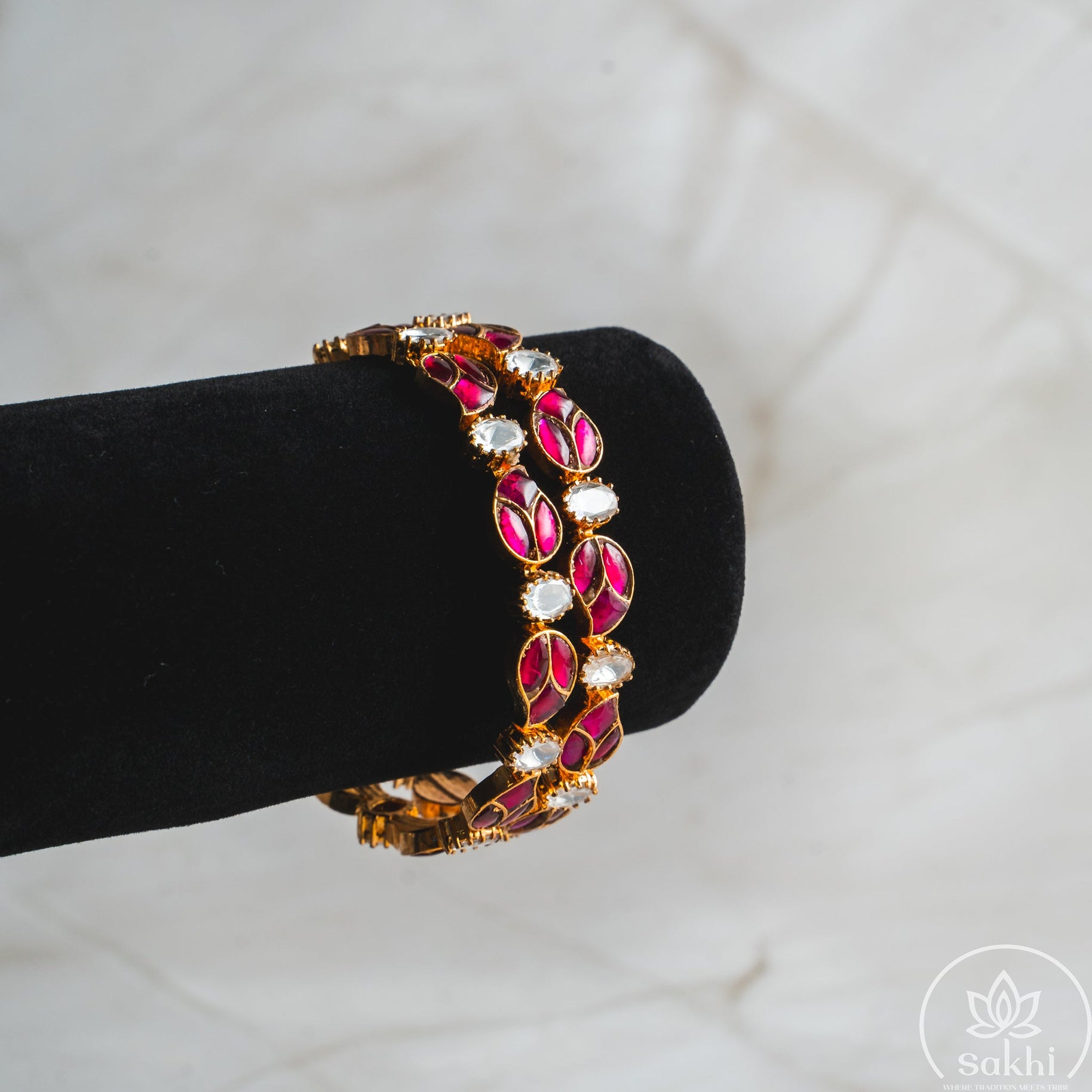 Pink Leaf Jadau Kundan Bangles (Set of 2)