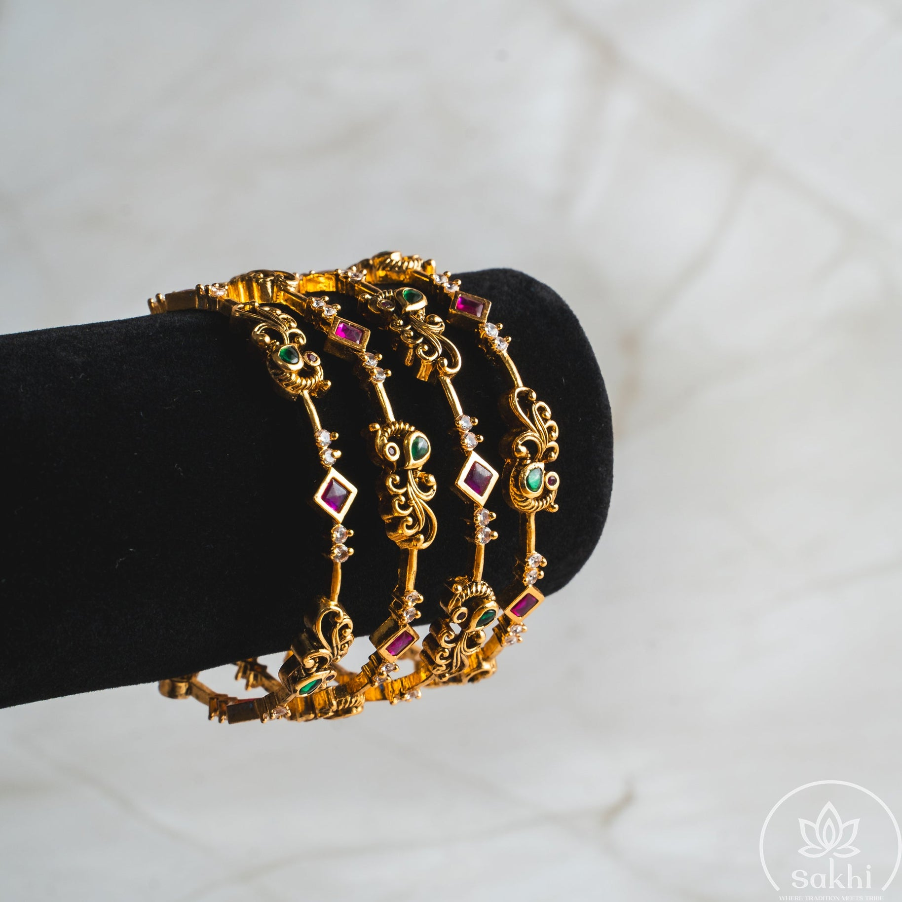 Antique Peacock & Floral Ruby Bangles